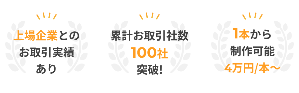 上場企業とのお取引実績、累計お取引社数100社突破、1本から4万円／本〜で制作可能